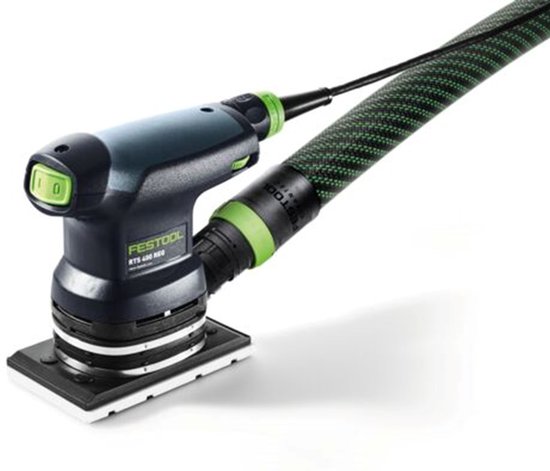 Festool RTS 400 REQ vlakschuurmachine met gevlochten groene afzuigslang.
