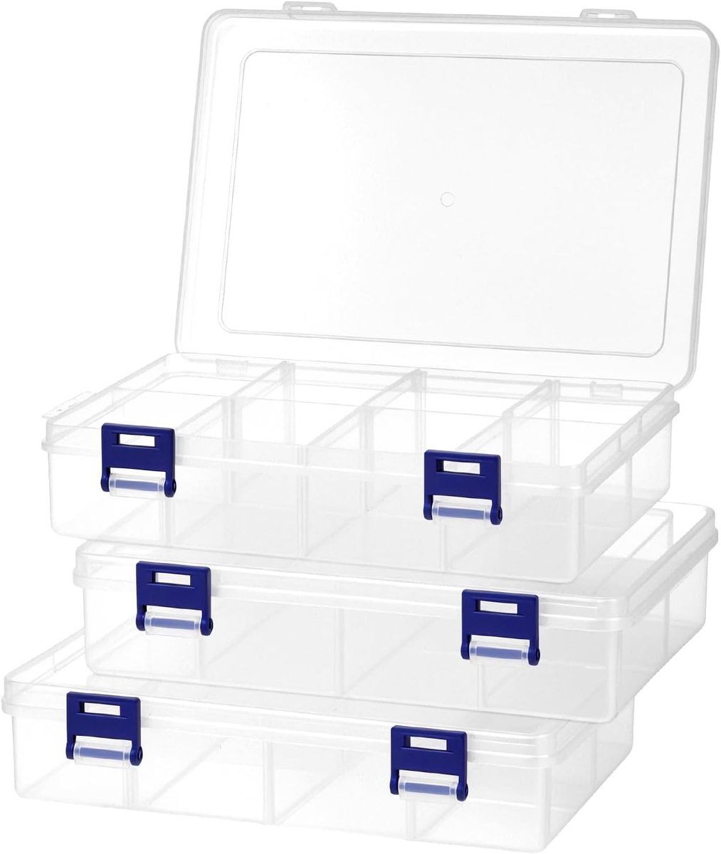 Set van 3 Opbergdozen voor Kleine Onderdelen, 8 Compartimenten voor Sieraden en Accessoires - 20 x 13.2 x 4.5 cm, Ideaal voor Organisatie en Opslag