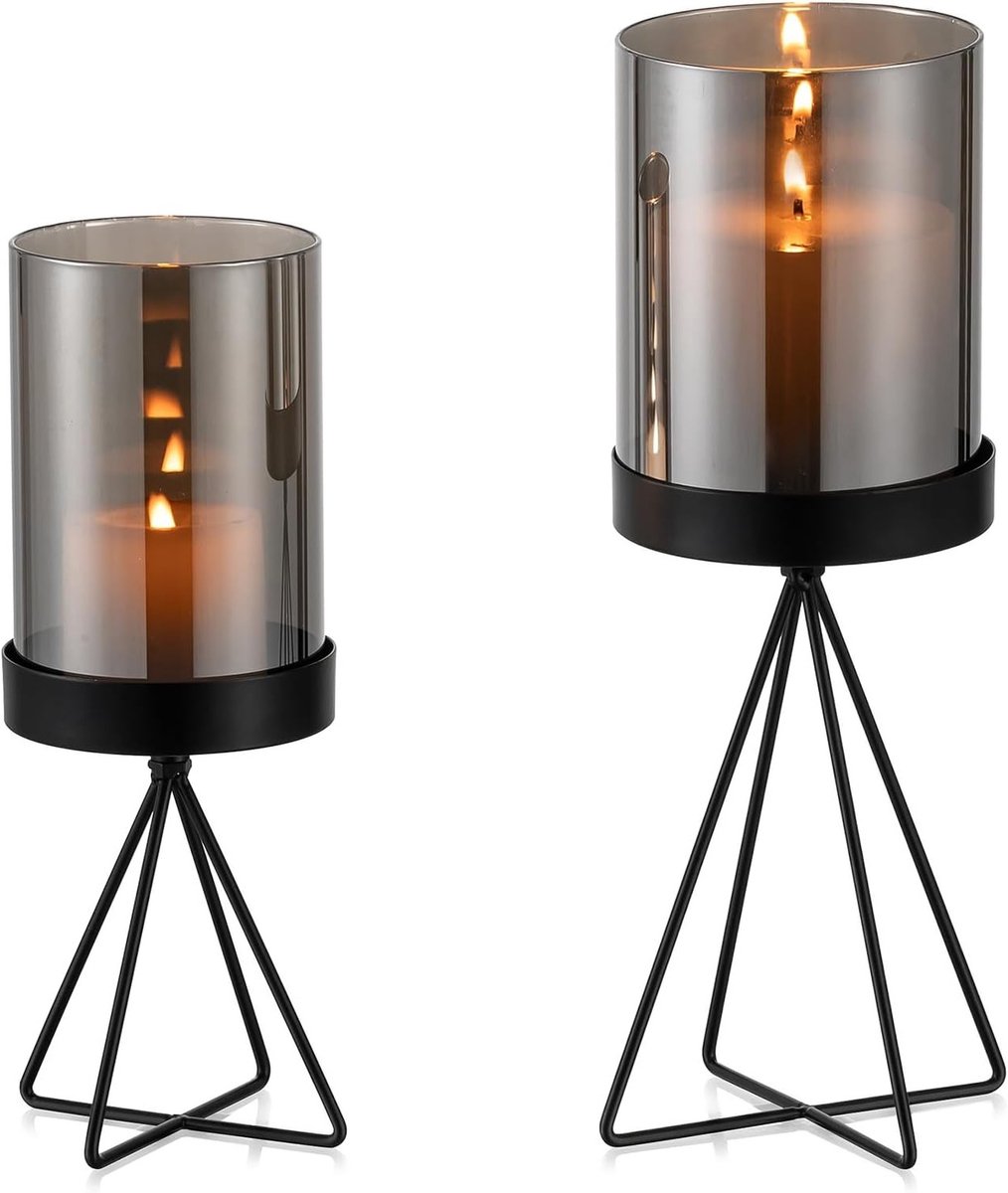 Moderne Geometrische Kandelaar - Zwart Metaal met Grijze Glazen Cilinder voor Woonkamer en Buiten - Stijlvolle Decoratie voor Tafel en Vensterbank