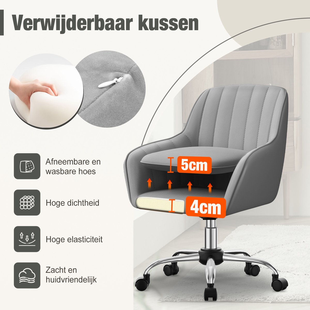 Hiaonyx Bureaustoel-Ergonomische bureaustoel-bureaustoelen voor volwassenen-Dubbel gelaagd zitkussen-360 graden draaibaar-Metalen onderstel-Grijs thumbnail 6