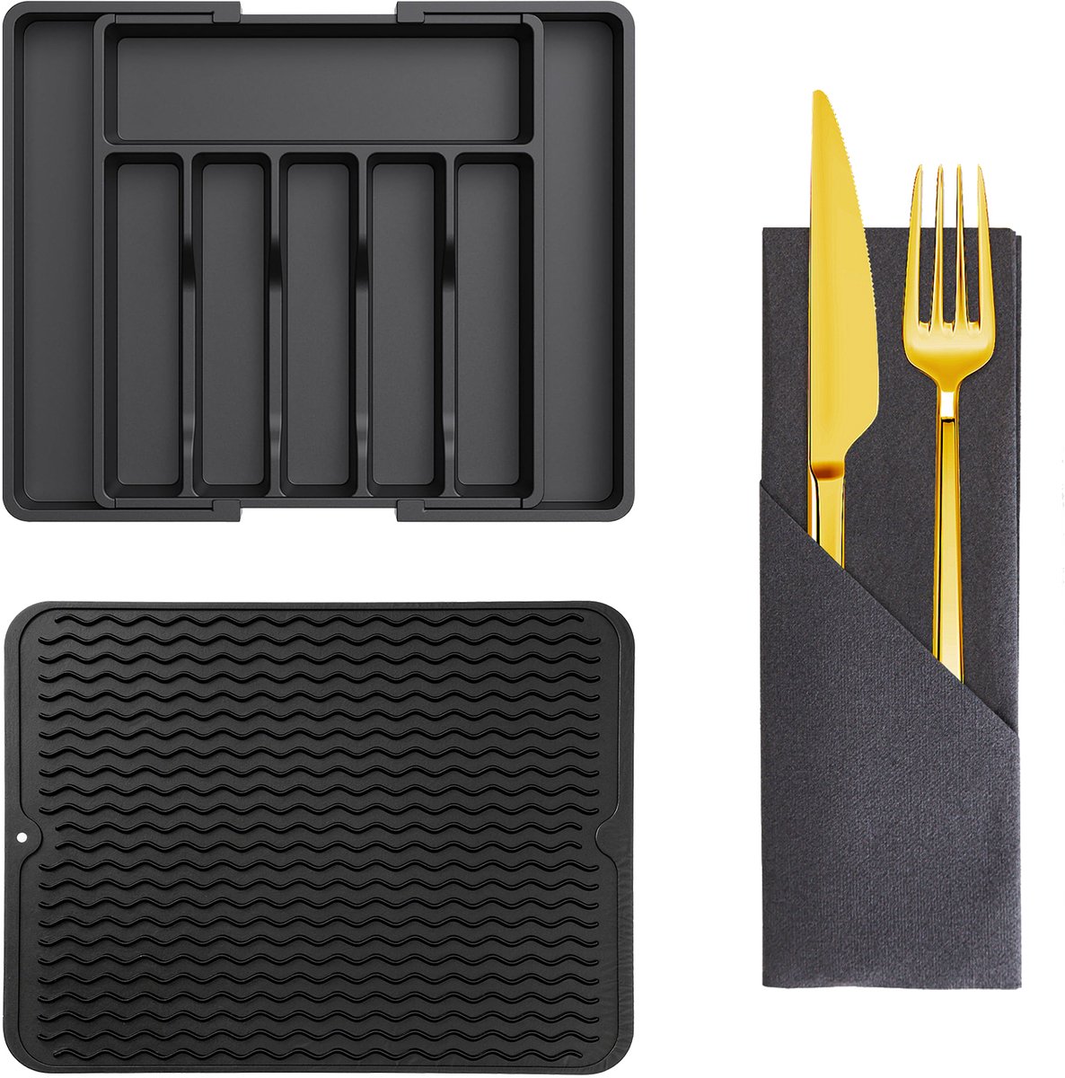 Uitbreidbaar Bestekorganizer Set voor Keukenlade - 3-delig met Antislip Matten en Bestekzakjes