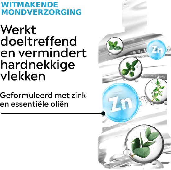 Listerine Advanced White. Witmakende mondverzorging werkt doeltreffend en vermindert hardnekkige vlekken. Geformuleerd met zink en essentiële oliën.
