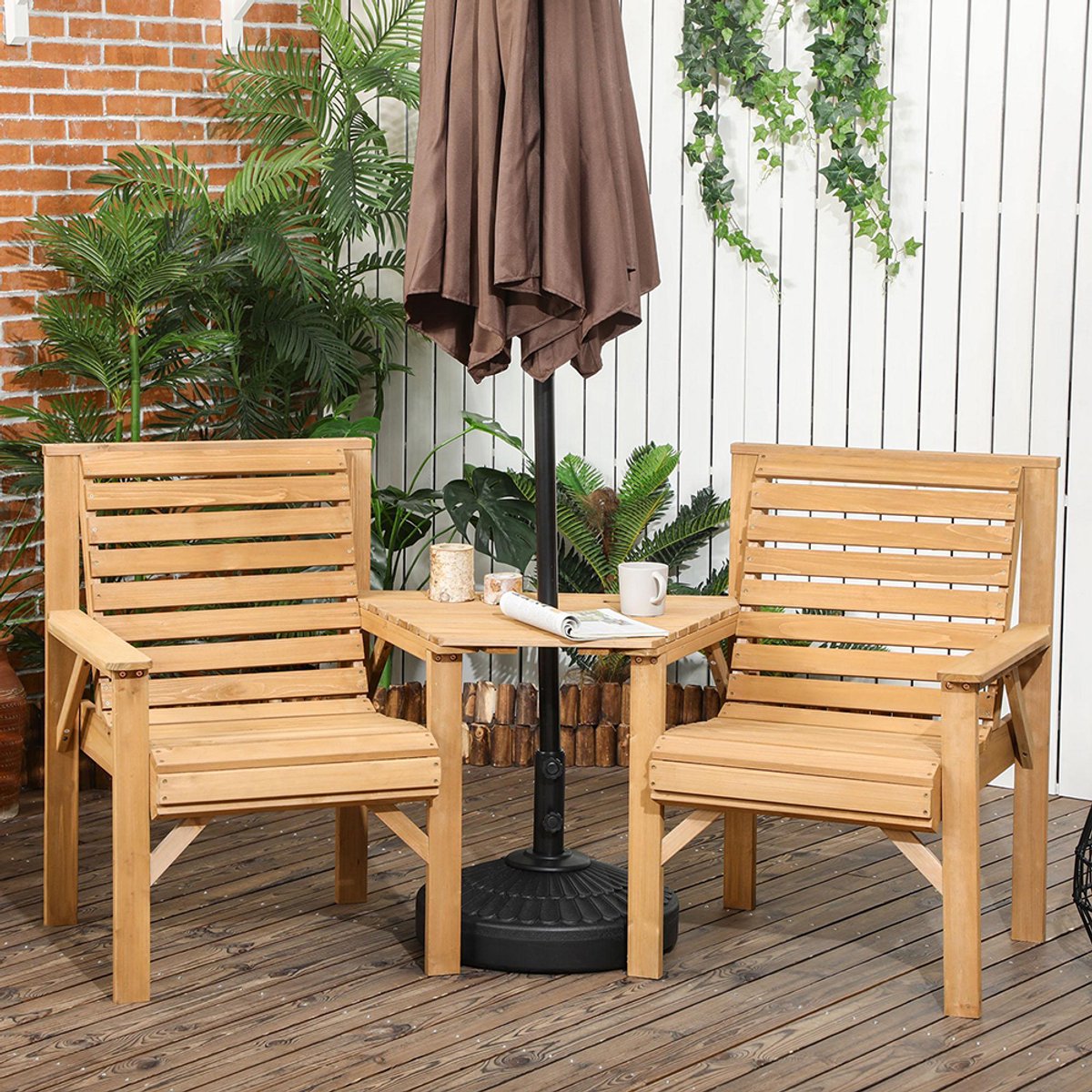 Pugsdrly 3-delige bistroset van hout, weerbestendige tuinmeubelset met lamellenontwerp, parasolgat, bruin