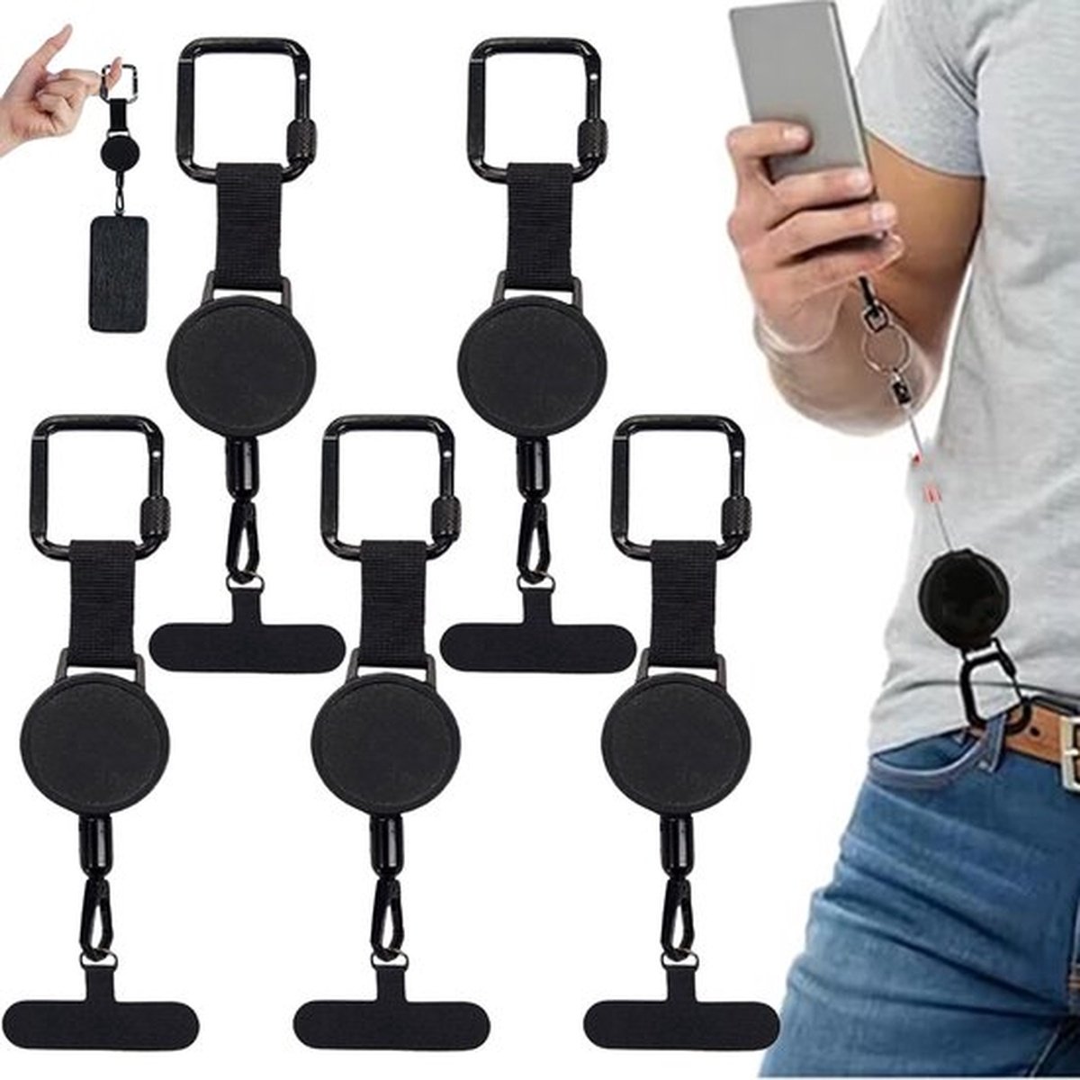 5 stuk anti-diefstal telefoonkoord - uitschuifbare anti-diefstal telefoonhouder met uittrekbare sleutelhanger, telefoonkoord met karabijnhaak, telefoonaccessoires voor reizen en wandelen