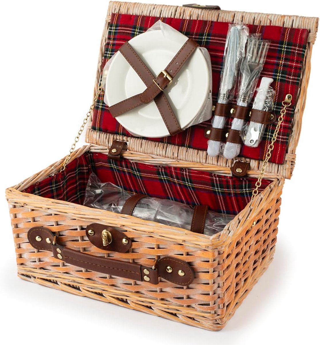 Picknickmand - Picknick Mandje - Boodschappenmand - Fruitmand - Winkelmand - Rieten Mand - Wilgenhout - Tartan - 16 x 36 x 16 cm - van Imperatoris