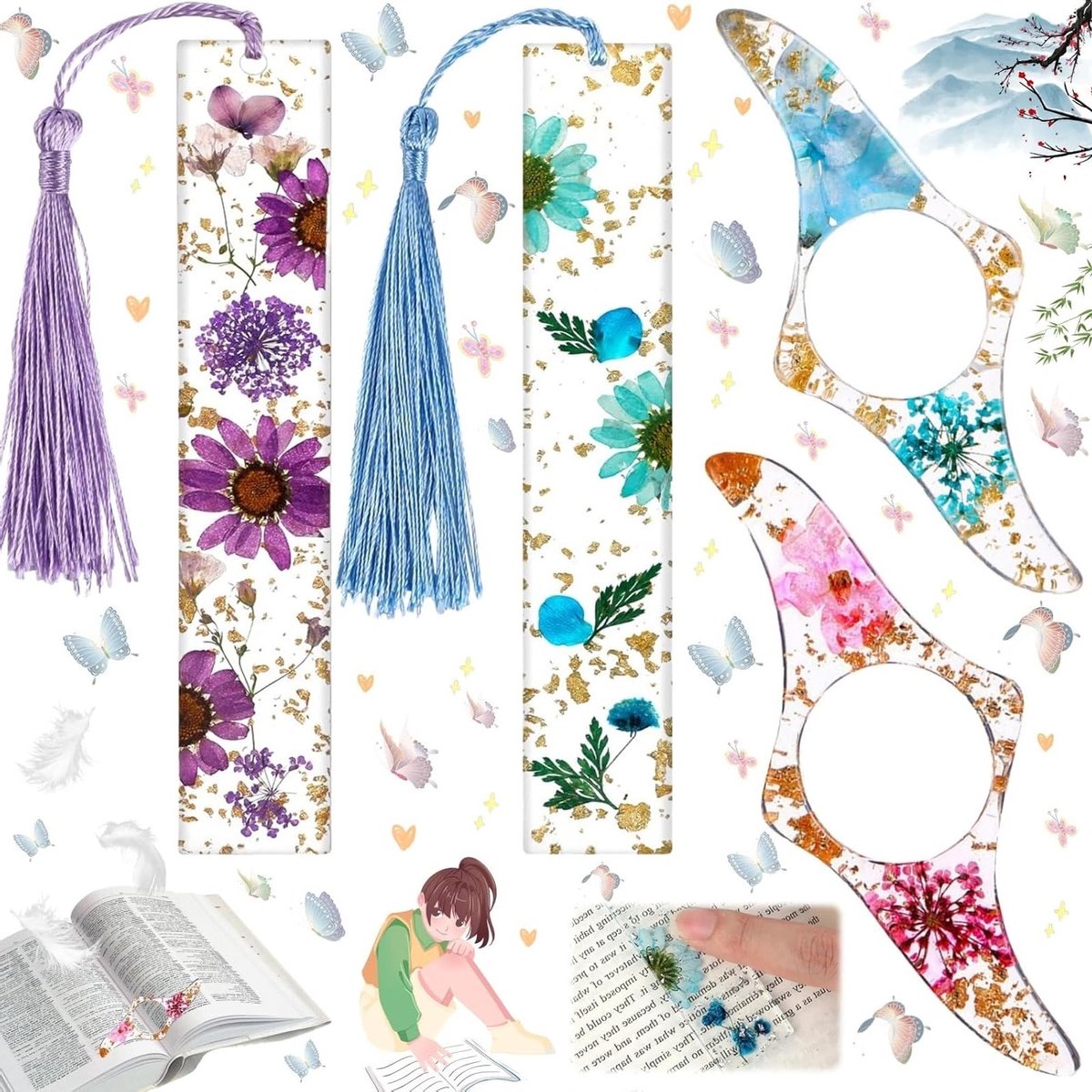 Set van 6 Handgemaakte Transparante Boekenleggers met Gedroogde Bloemen, Unieke Resin Bookmark voor Boekenliefhebbers