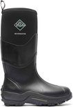Zwarte Muckmaster laars met groen logo van Muck Boot Company, profiel op kuit.