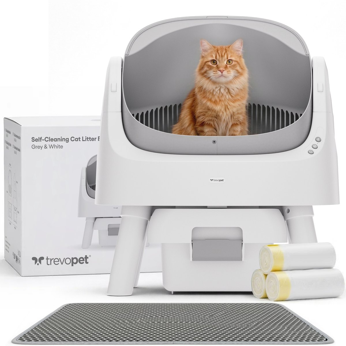 TrevoPet® Automatische Kattenbak - Zelfreinigend & Veilig - Voor Katten tot 12KG - Incl. Mat, 60 Afvalzakjes & Accessoires - 10L Afvalbak - Wit & Grijs