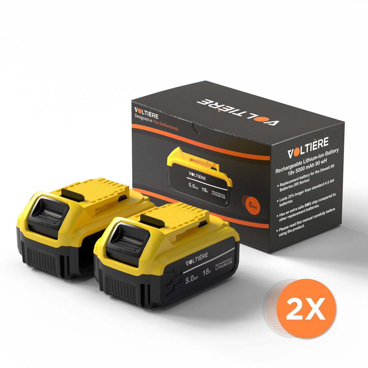 Voltière 2x Vervangende 5 ah Accu Geschikt voor 18v DeWalt Apparatuur - 5000 mAh Batterij met LED identificatie - DCB184 Series