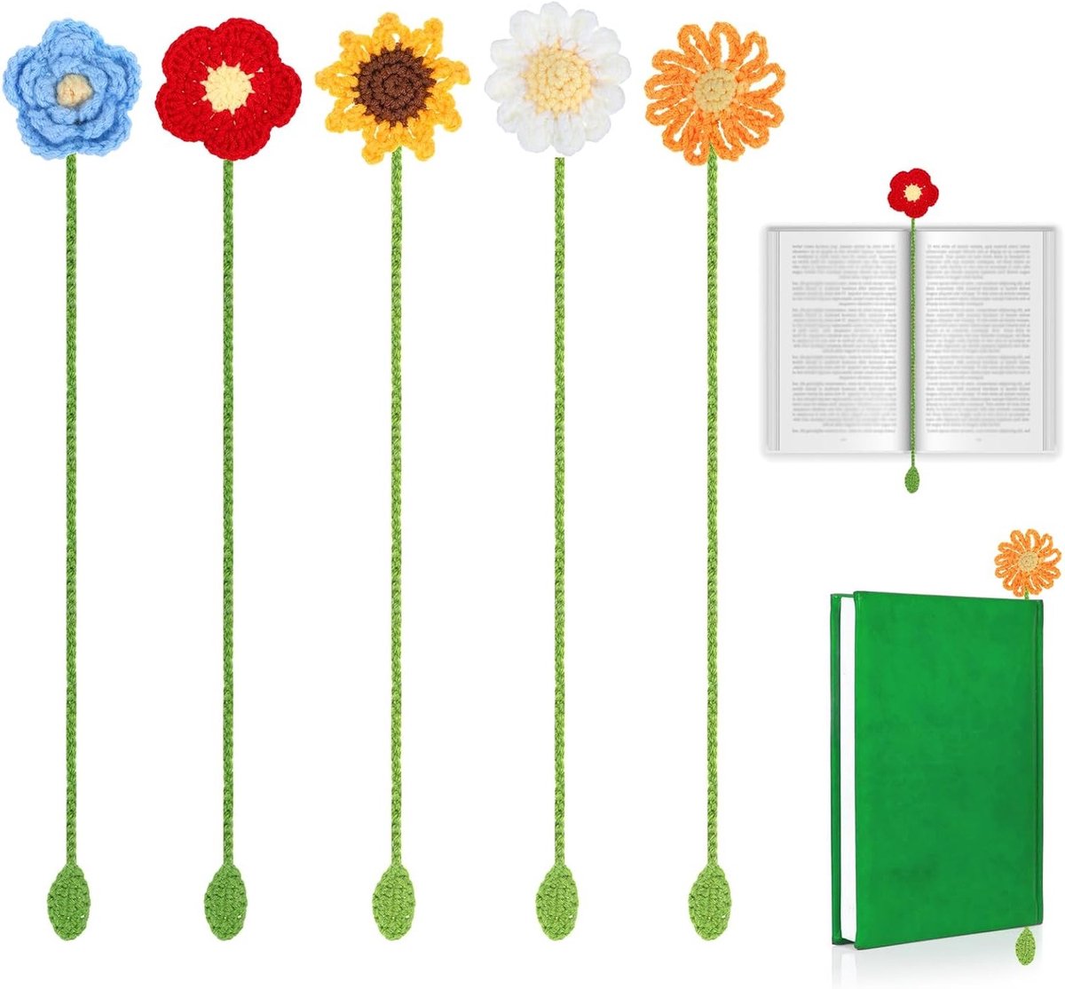 Vijf kleurrijke boekenleggers met gehaakte bloemen, perfect voor boekenliefhebbers, studenten en als cadeau voor leraren