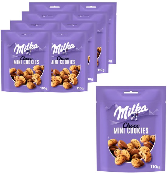 Milka Mini Cookies 8 Stazakken x 110g - Zakken - Koeken om uit te delen en snack - Chocoladekoeken - Mini