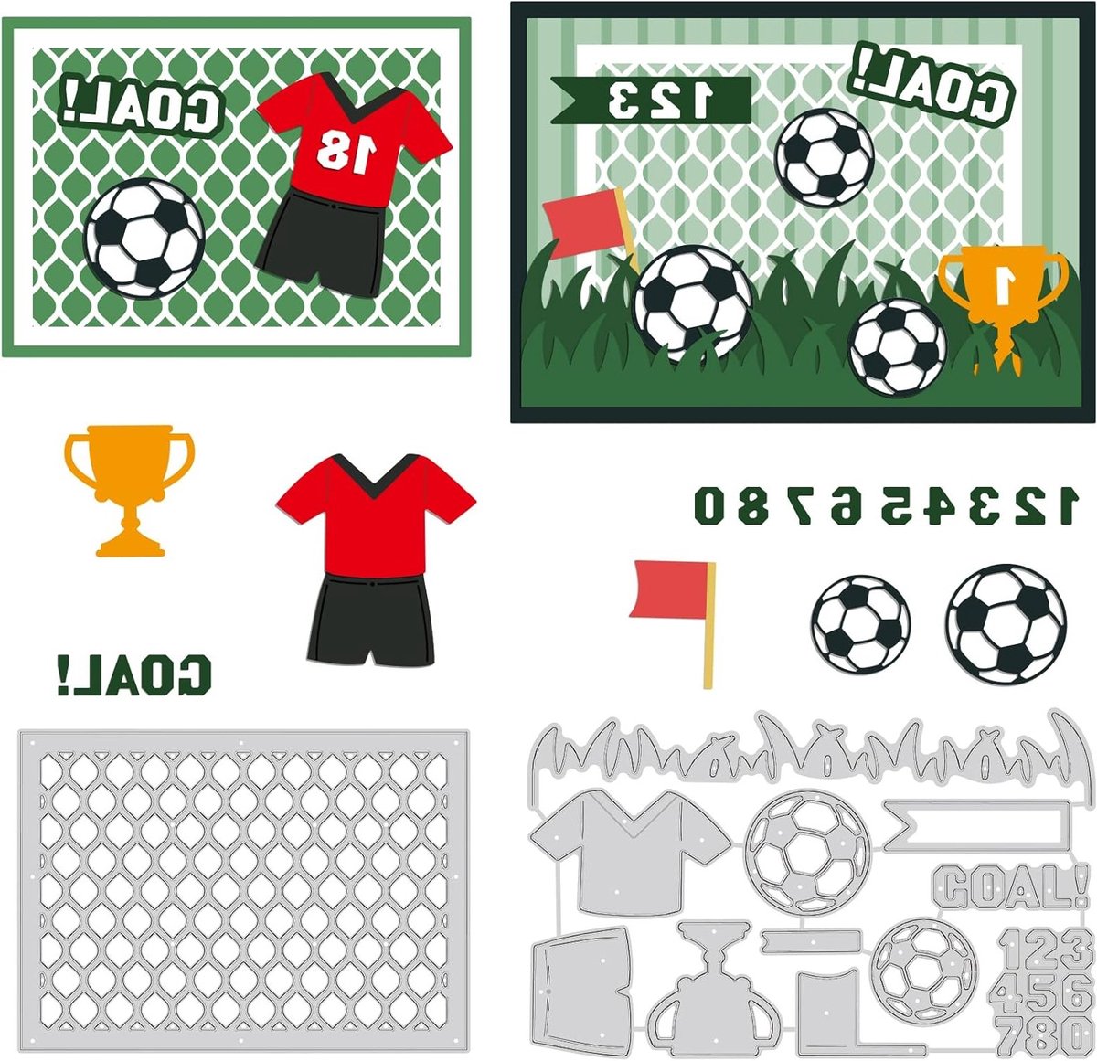 Allecto 2-delige voetbalkoolstofstalen snijmatrijzen stencils - voetbal doel trofee - metalen reliëfdruk stencil - DIY scrapbooking - album papieren kaarten decoratieve ambacht - grasveld - geschikt voor alle merken - groen