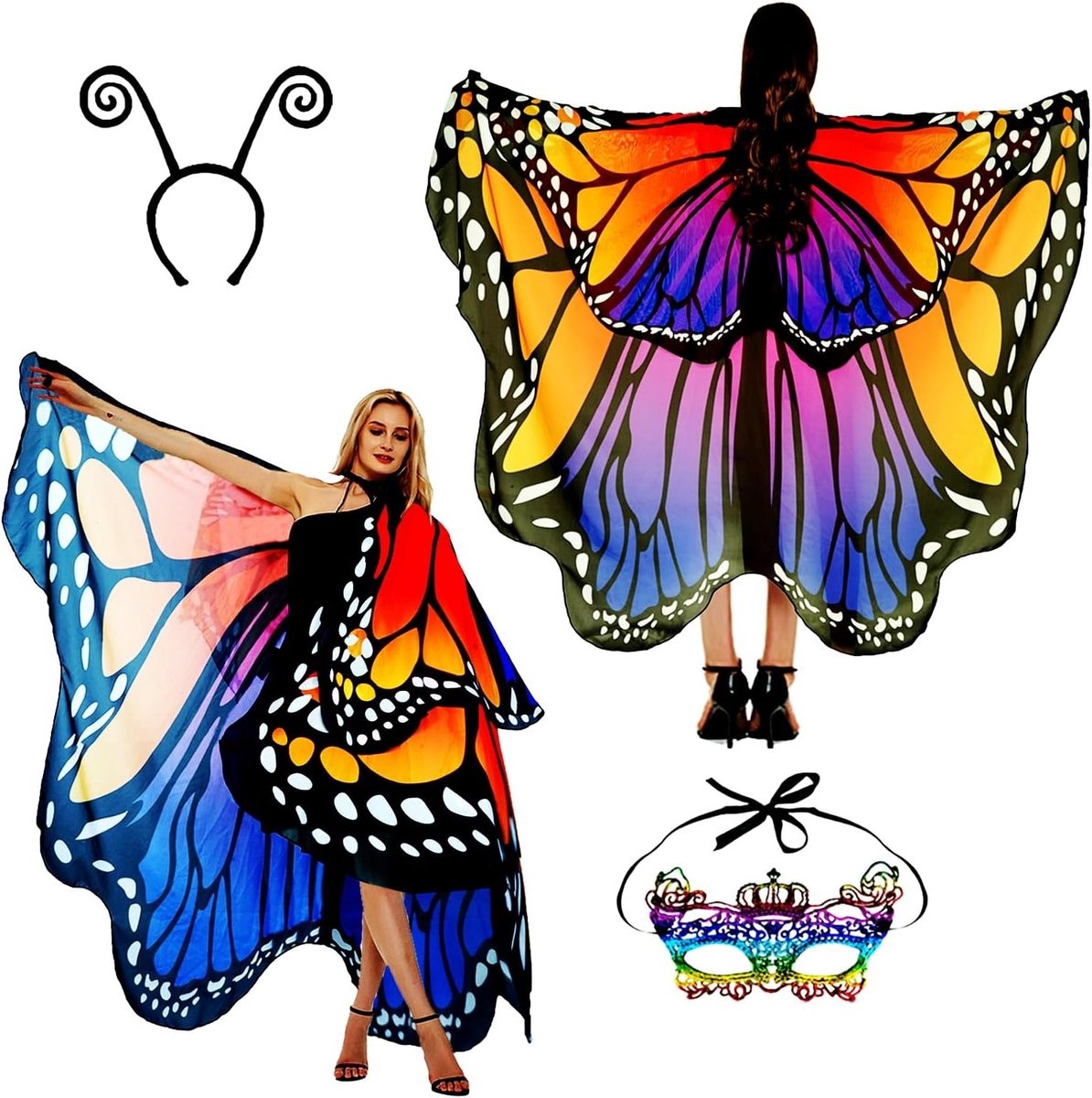 Vleermuis kostuum voor vrouwen met vleugels, cape en accessoires voor carnaval en feesten, inclusief gezichtsmasker en haarband met voelsprieten
