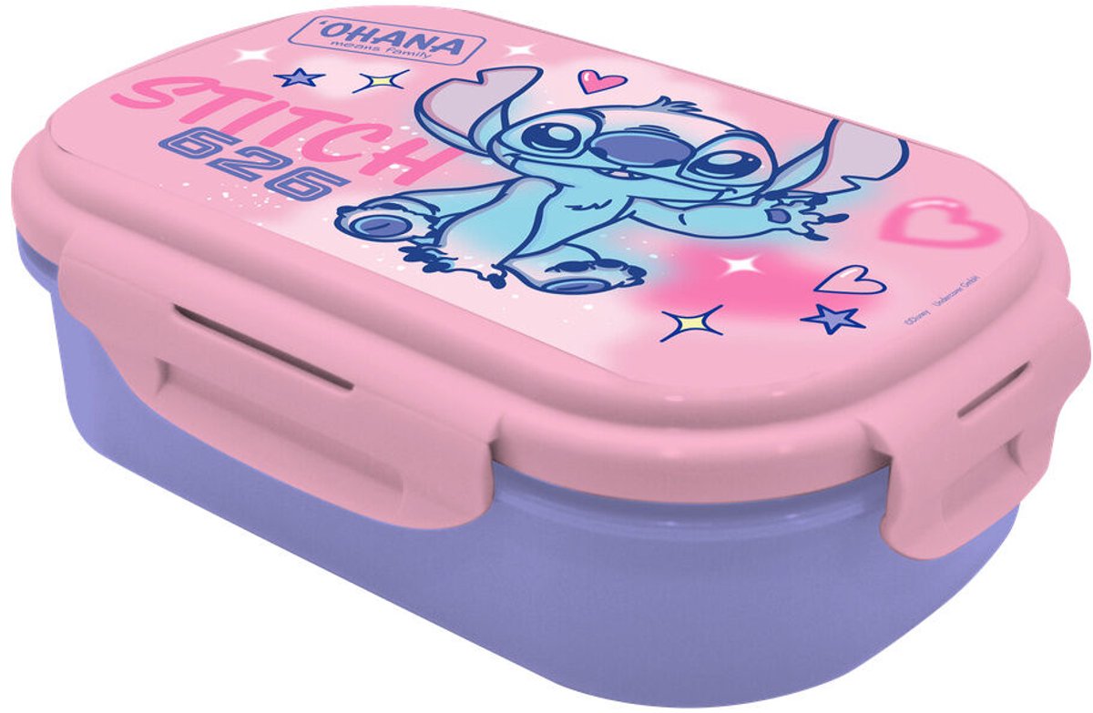 Disney Stitch Lunchbox met Bestek - Broodtrommel inclusief Vork/Mes combi - Roze & Paars