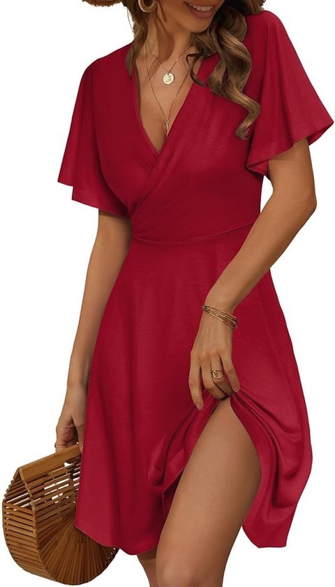Robe d'été pour femme avec col en V, manches courtes et coupe trapèze, imprimé floral, style bohème, parfaite pour les fêtes et les mariages