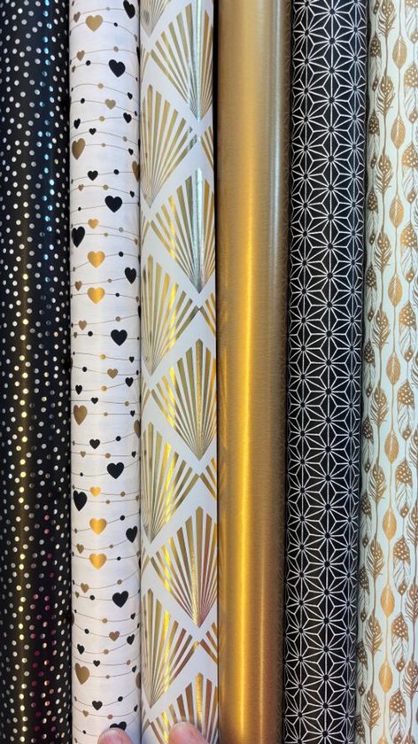 Inpakpapier Verjaardag,Feest Inpakset Goud Zilver Zwart Luxe 6 rollen- Breedte 70 cm - 1,5m lang