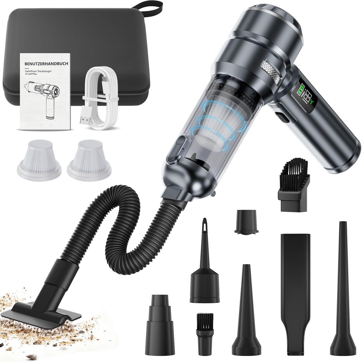 Handstofzuiger met accu, 24000 Pa, draadloze mini-stofzuiger, voor pc, huis, keuken, scheuren, hoeken, handstofzuiger, sterk zuigend, kan als luchtpomp en stofblazer dienen, 6000 mAh (zilver)