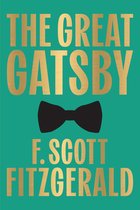 Boekomslag van The Great Gatsby met goudkleurige letters op een groen vlak en een zwarte strik in het midden.