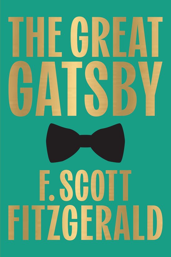 Boekomslag van The Great Gatsby met goudkleurige letters op een groen vlak en een zwarte strik in het midden.