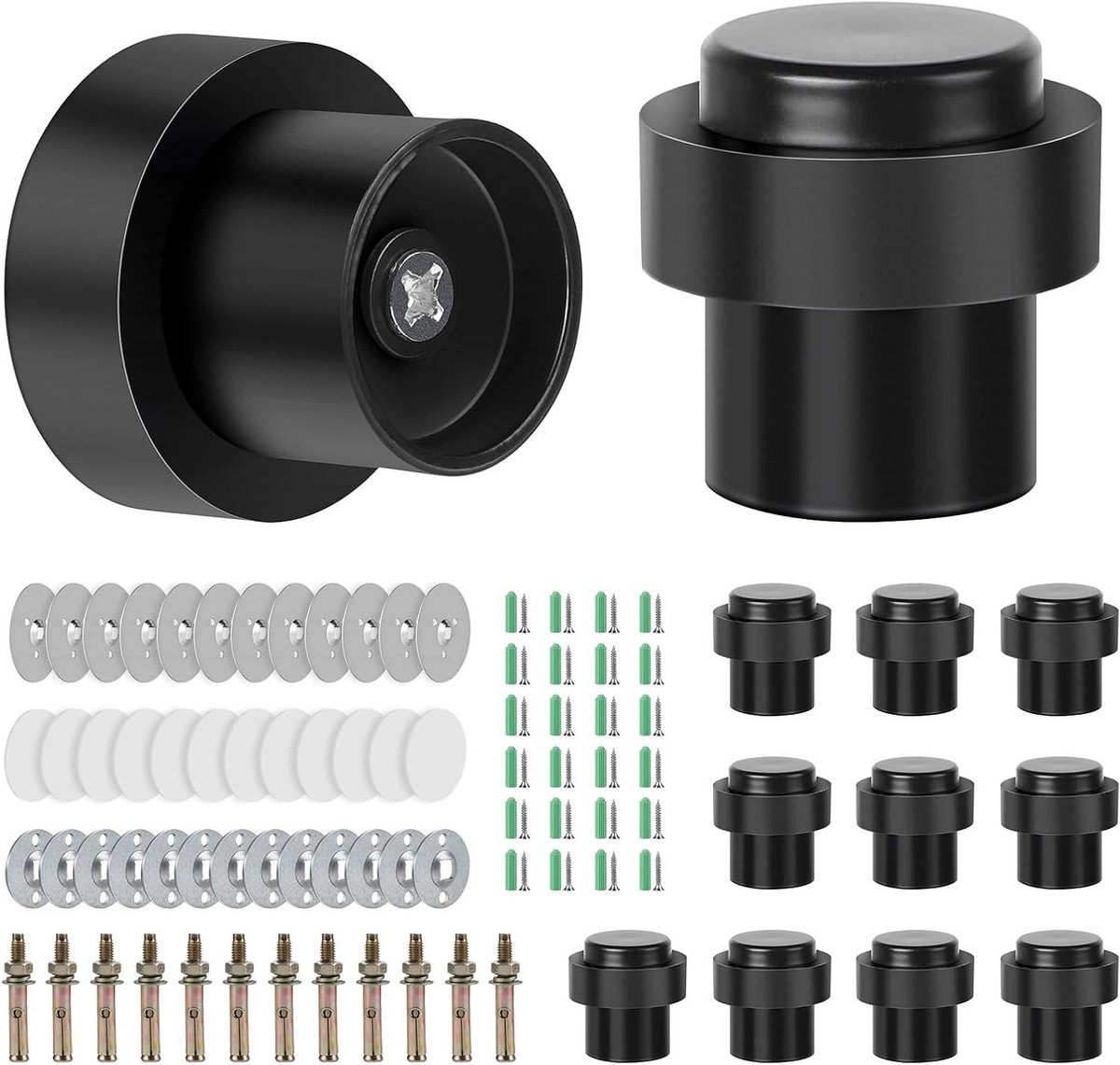 Set van 12 Zwarte Deurstoppers van 304 RVS, Ø 32 mm, Hoogte 45 mm, Inclusief Zelfklevende Stickers en Schroeven voor Eenvoudige Installatie