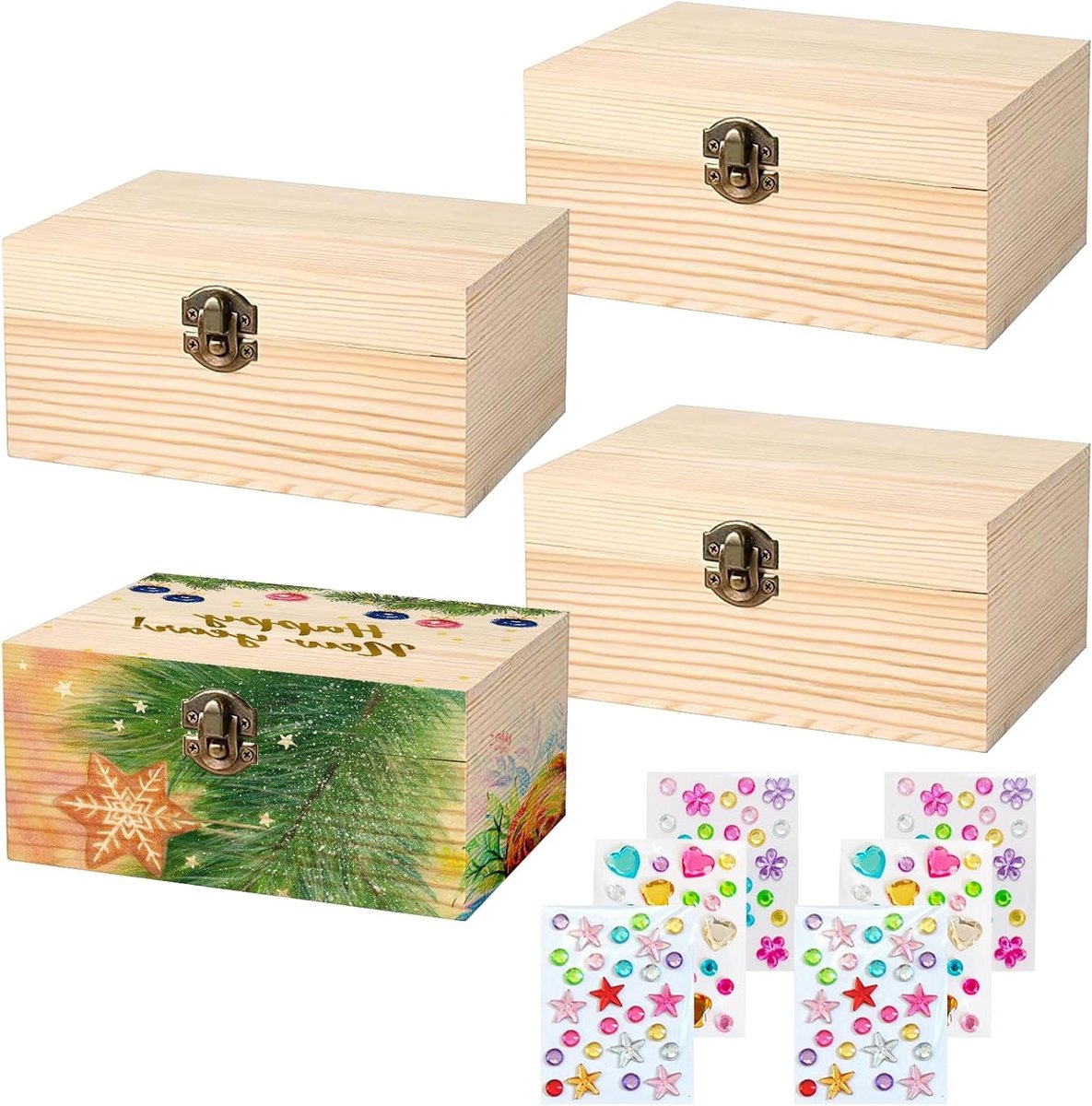 Houten Mini Schatkist Set van 4 Stuks voor Kinderen, Ideaal voor Verjaardagen, Knutselen en Creatieve DIY Projecten, Inclusief 6 Gekleurde Diamant Stickers, 15 x 10 cm