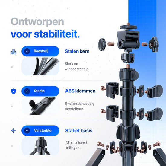 Gedemonteerd zwart telefoonstatief met stalen kern, ABS klemmen en verstevigde basis.