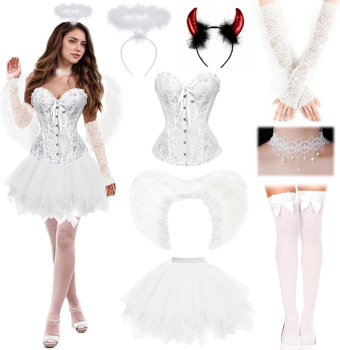 Tulle Rok Kostuum voor Vrouw met Engel en Duivel Vleugels voor Halloween en Carnaval, Inclusief Kanten Corset en Decoratie
