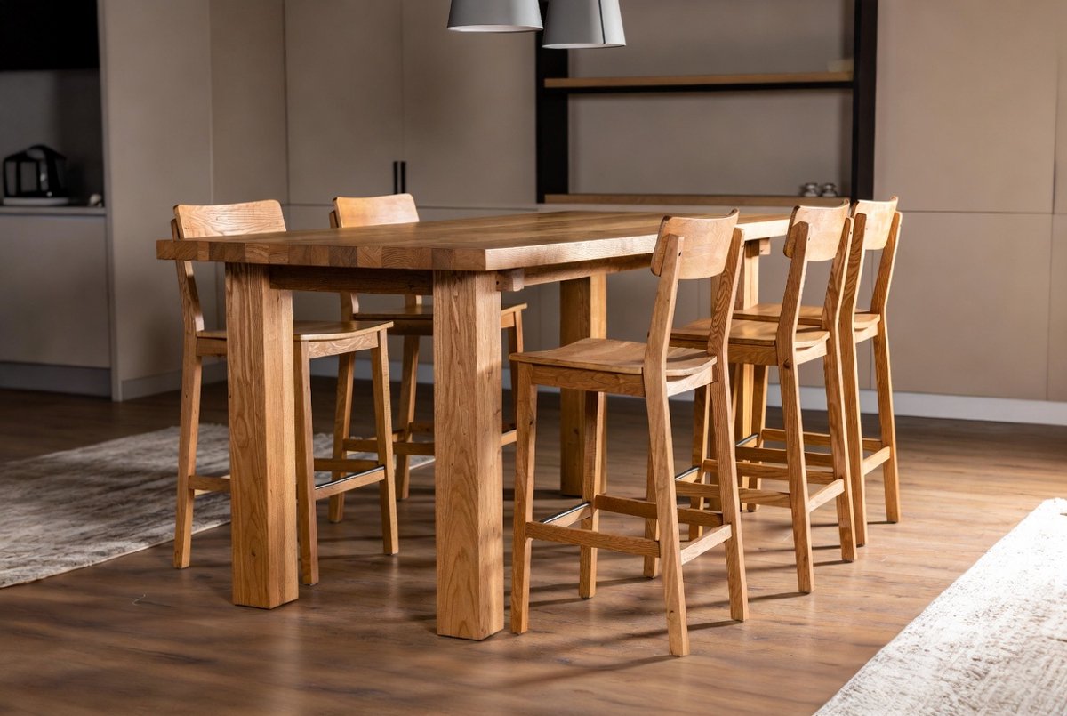 Luxe 7-delige Massief Acaciahouten Bartafelset met 6 Stoelen – Rustieke Hoge Eettafel Barset voor Keuken, Woonkamer, Café & Tuin – Duurzaam Hardhout – Ganeey