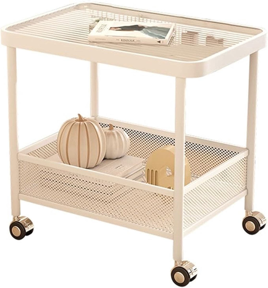 Keukentrolley met Wielen 60x40x58 cm – 2-Laags Keuken Eiland Cart met Glazen Snackrek, Opbergplank & Mobiele Keukenkast – Compact & Ruimtebesparend – Wit