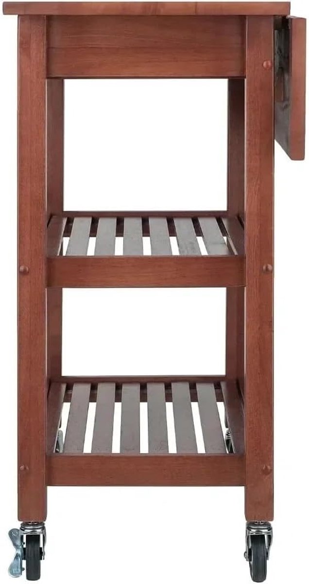 Mobiel Keukeneiland op Wielen met 2 Lades en Open Opbergplanken – Compact Keuken Trolley / Serveerwagen voor Kleine Keukens – Massief Hout & Composiet – Keuken Opbergwagen met Remwielen