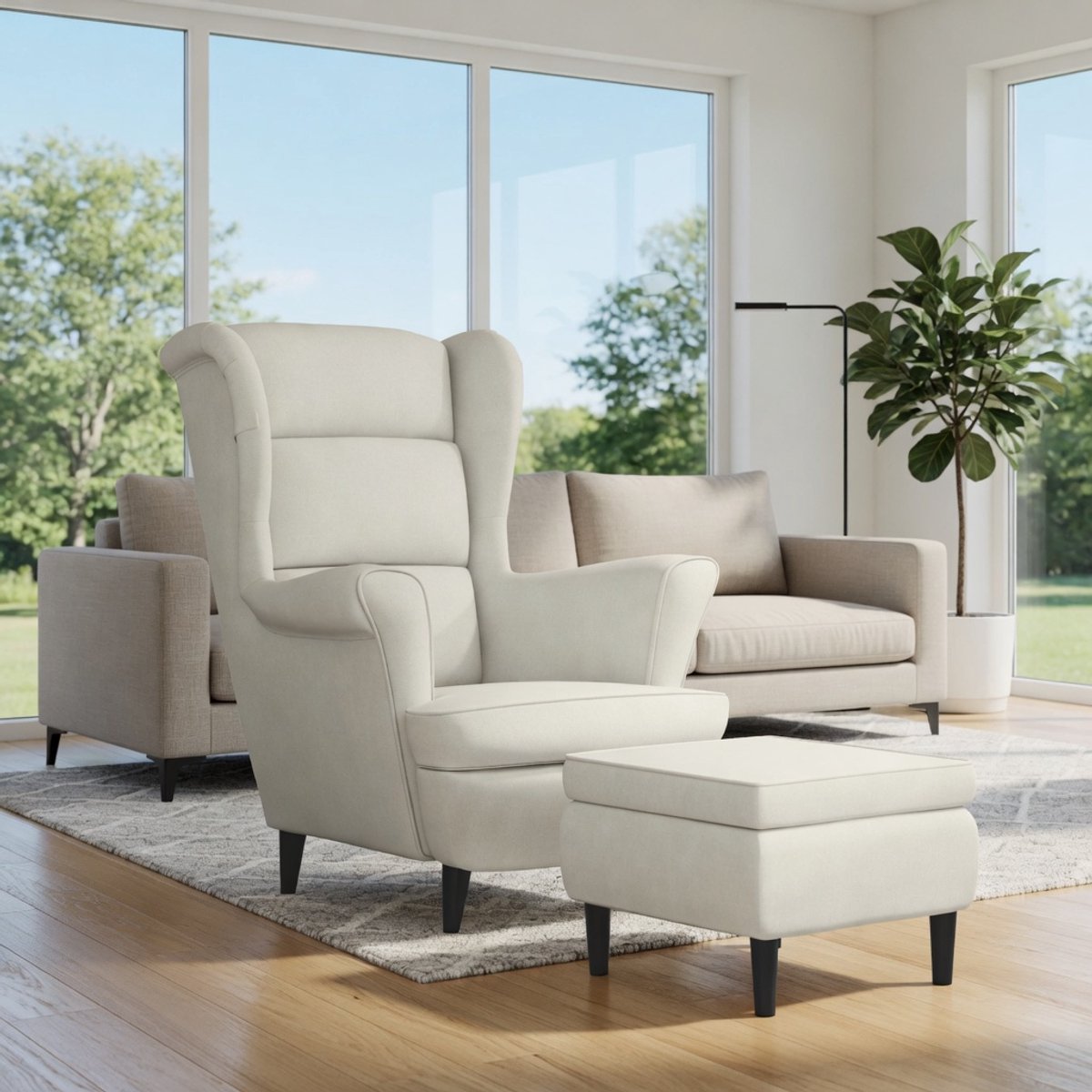 Fluwelen Eetkamerstoel Crème met Voetenbank – Getufte Lounge Armstoel Rubberhout – Luxe Ruststoel met Hocker 78x57x96,5 cm – Ganeey