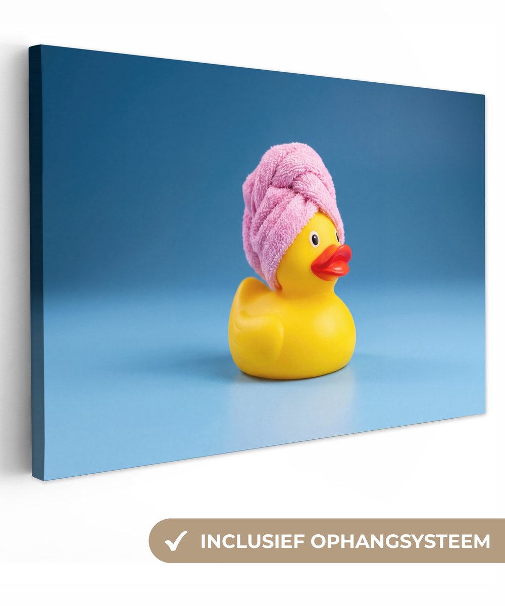 Canvas schilderij 90x60 cm - Exclusieve wanddecoratie Badeend - Handdoek - Blauw - Muurdec
