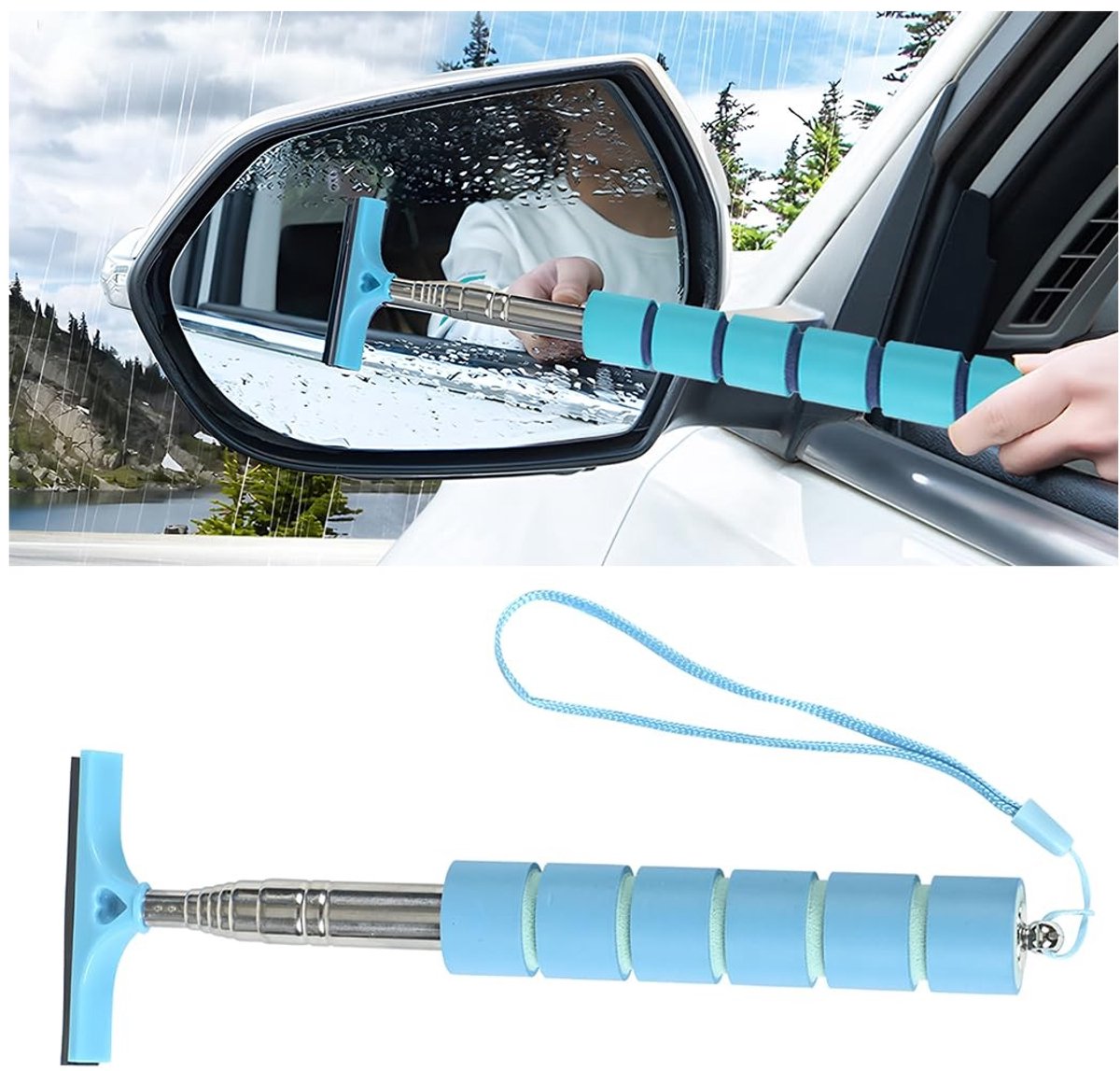 aladdien - Intrekbare auto-achteruitkijkspiegelwisser - Draagbare spiegelwisser - Blauw - Spiegelglasmistreiniger - Geschikt voor auto- en vrachtwagen
