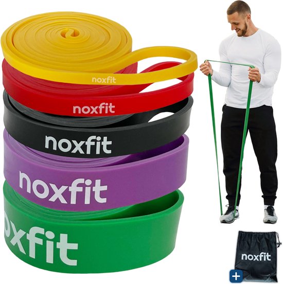 Noxfit® Weerstandsbanden - Resistance Band - Fitness Elastiek - Pull Up Band - Weerstandsband Set van 5 voor Calisthenics - Fitness - Crossfit - Inclusief Opbergzakje - Perfect voor Blessures