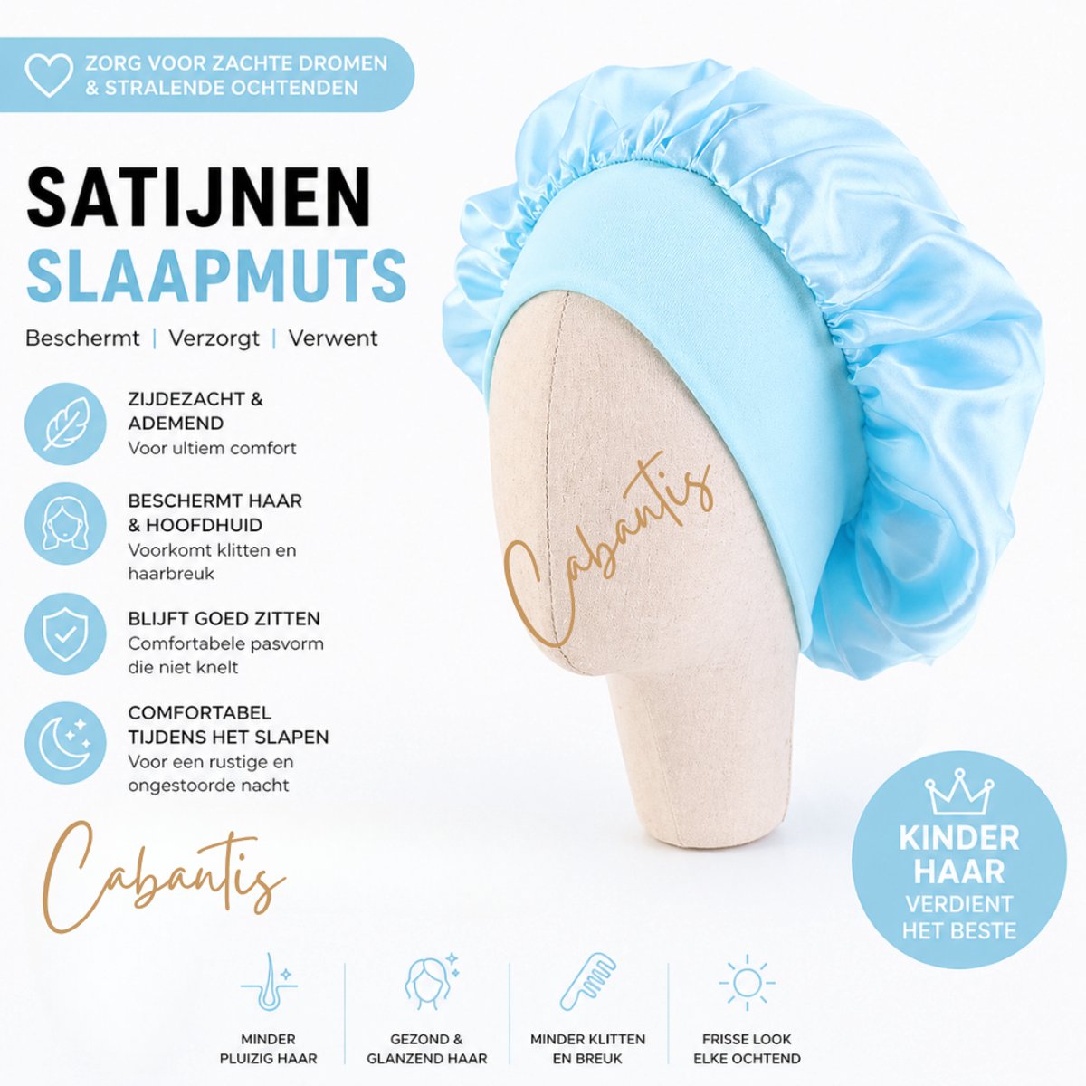 Cabantis Kinderslaapmuts - Bonnet - Slaapmuts Satijn Geweven- Hoofddeksel - Unisex - Lichtblauw