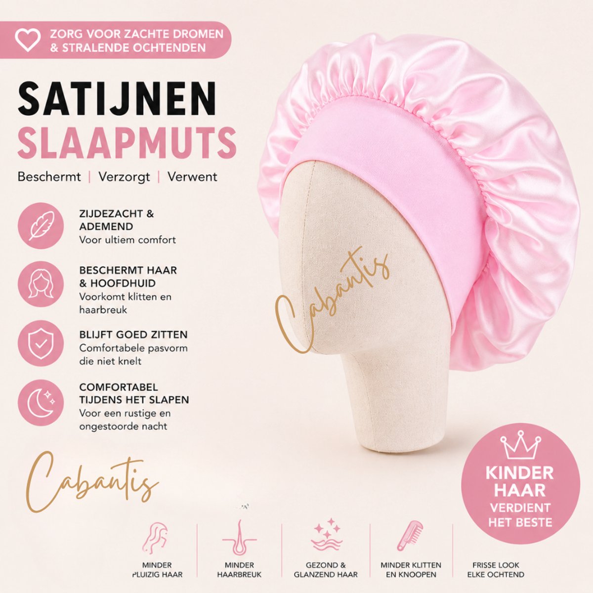 Cabantis® Kinder Slaapmuts Satijn – Anti Pluis & Klitten – Zachte Bonnet voor Krullen – Beschermt Haar tijdens Slapen – Comfortabele Pasvorm - Lichtroze