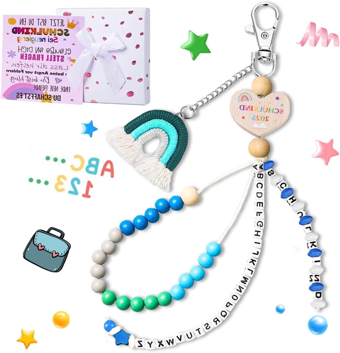 Gifts voor de eerste schooldag jongen blauwe rekenketting 2025 schoolkind schooltas hanger gelukssymbool met wenskaart en cadeauverpakking