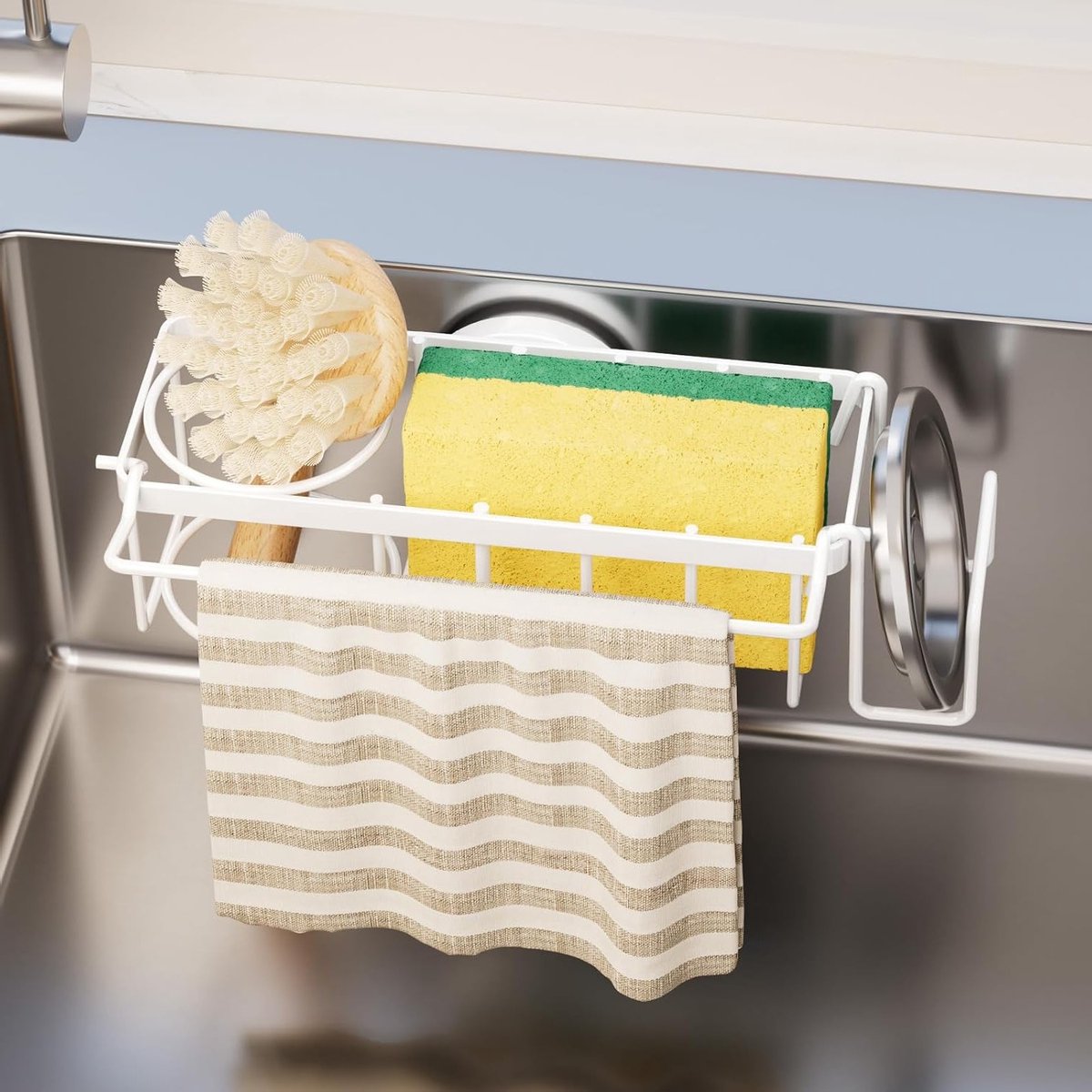 4-in-1 Sponshouder met Zuignap, Keuken Caddy voor Afwasdoek en Borstels, Ruimtebesparende Organizer voor Aanrecht (Wit)