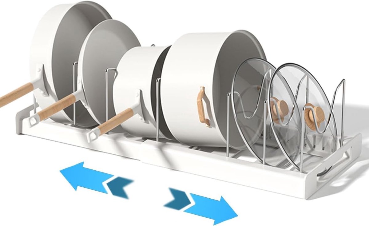 Verstelbare Keuken Gereedschap Organizer, Multifunctionele Pot en Pan Organizer, Antislip en Ruimtebesparend Ontwerp met 7 Handvatten voor Keuken en Kantoor