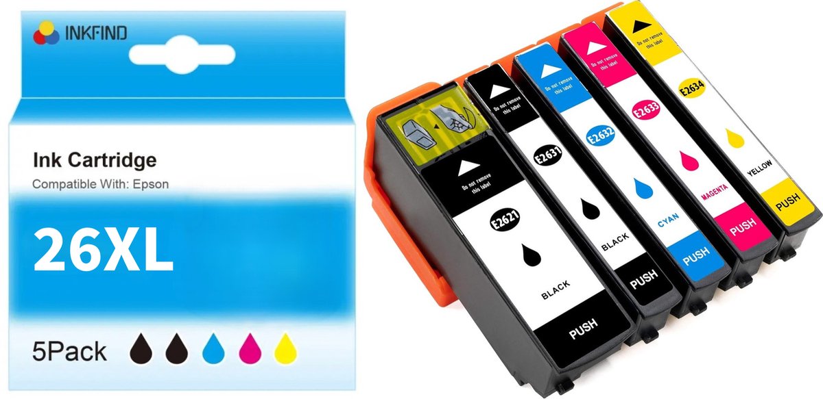 INKFIND 26XL inktcartridge 5 Pack (Zwart+Foto Zwart+Cyaan+Magenta+Geel) compatibel met Epson T2621/T2631/T2632/T2633/T2634 voor Epson Expression Premium XP 820 810 800 720 710 700 625 620 615 610 605 600 520 510 -5-pack