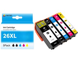 INKFIND 26XL inktcartridge 5 Pack (Zwart+Foto Zwart+Cyaan+Magenta+Geel) compatibel met Epson T2621/T2631/T2632/T2633/T2634 voor Epson Expression Premium XP 820 810 800 720 710 700 625 620 615 610 605 600 520 510 -5-pack