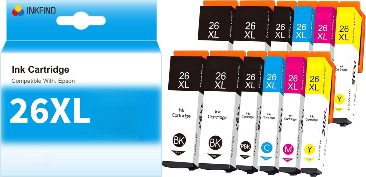 INKFIND 26XL inktcartridge 12 Pack (Zwart*4+Foto Zwart*2+Cyaan*2+Magenta*2+Geel*2) compatibel met Epson T2621/T2631/T2632/T2633/T2634 voor Epson Expression Premium XP 820 810 800 720 710 700 625 620 615 610 605 600 520 510 -12-pack