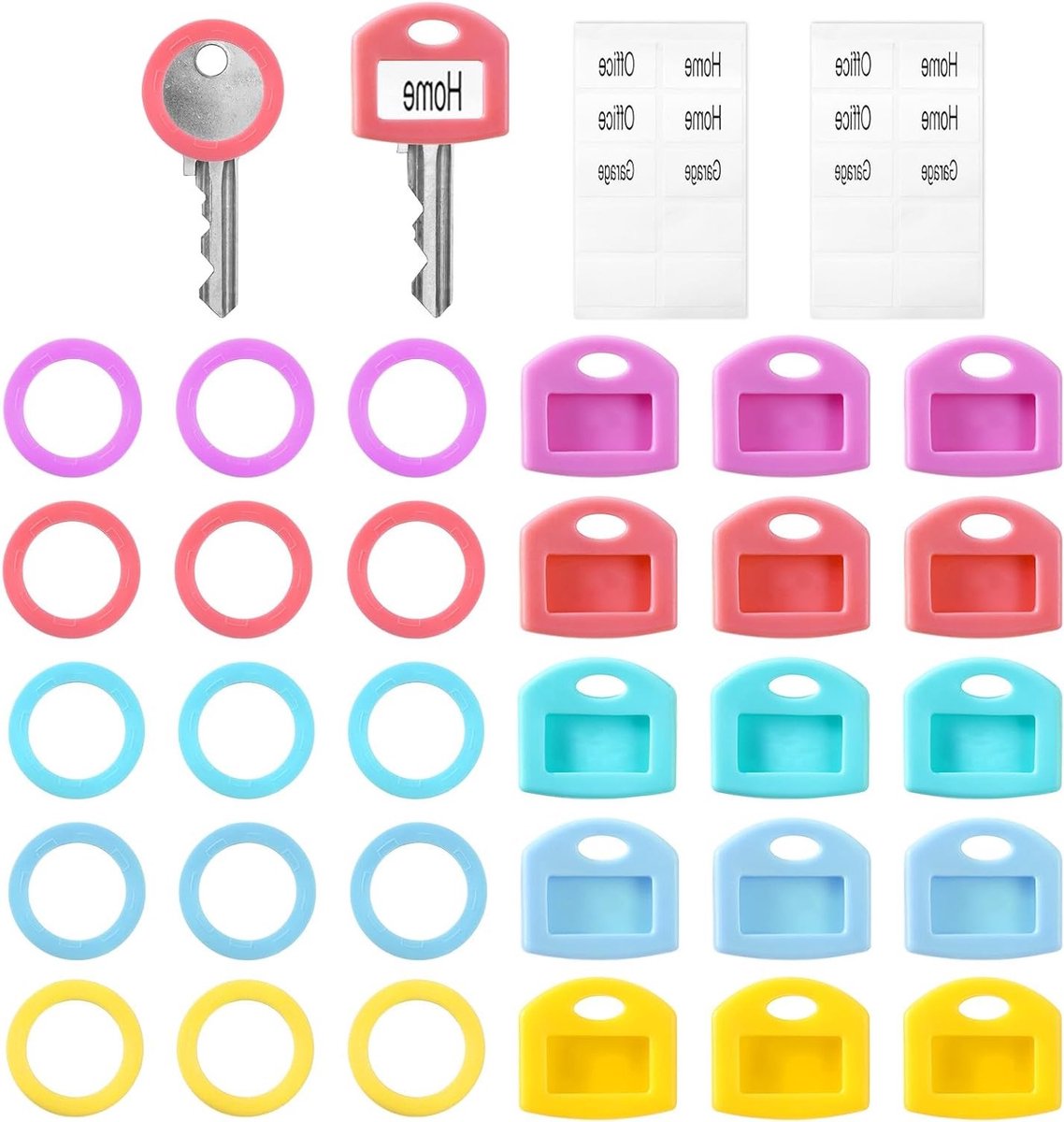 30 Stuks Silicone Sleutelhoesjes in Kleuren, Zachte Stretch Sleutelbeschermers met Schrijfbare Labels voor Organisatie en Identificatie Thuis