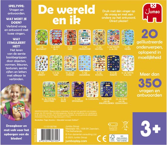 De achterkant van de 'De wereld en ik' speldoos, met uitleg en afbeeldingen van de spelthema's.