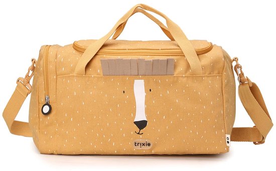 Sac de sport jaune à pois blancs avec un visage de lion.
