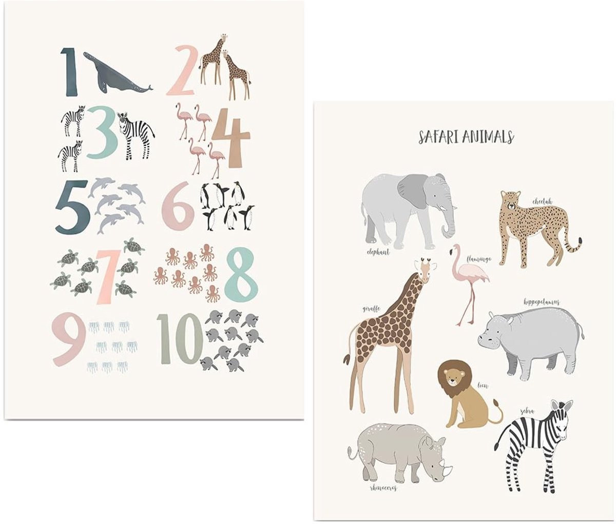 aladdien - Kinderkamer Decoratie - Schattige Dieren Posters - Hoge Kwaliteit - Natuurlijke Kleuren - Wanddecoratie - Geschikt voor Kinderen - 2 Stuks