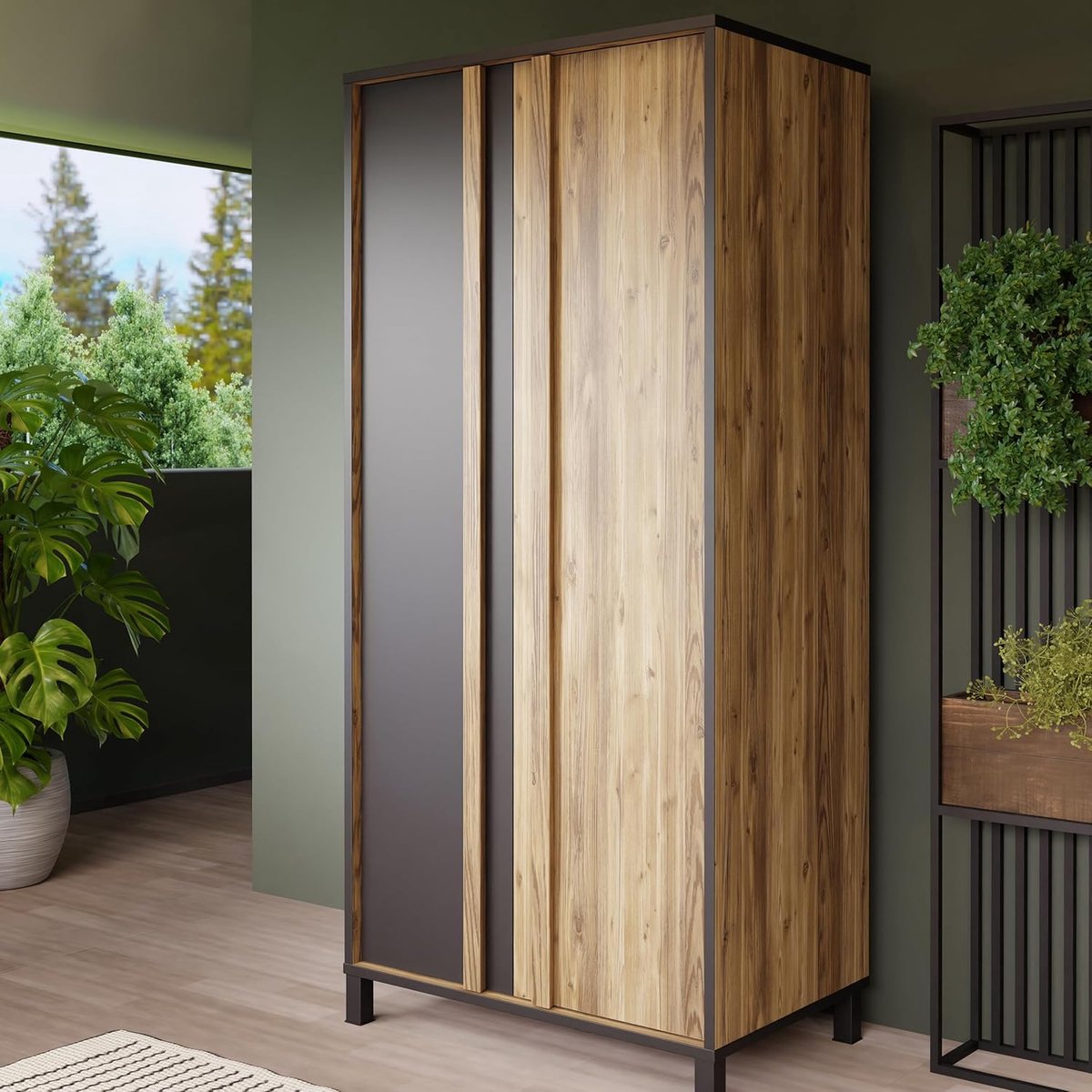 FORTE HAYATO Wardrobe 90, Modern Wardrobe with Two Doors and Shelves, Wood Material, Black with Alpine Spruce Motif, 89.5 cm Wide, 194 cm High, 58 cm Deep