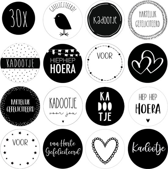 Collectie ronde stickers: '30X', een vogel, 'kadootje', 'HARTELIJK GEFELICITEERD', 'KADOOTJE', 'HIEPHIEP HOERA', 'VOOR', twee hartjes, 'KADOOTJE voor jou', 'KA DOO TJE', 'HIER HIER HOERA', 'VOOR' met sterren, 'van Harte Gefeliciteerd', en een hart.