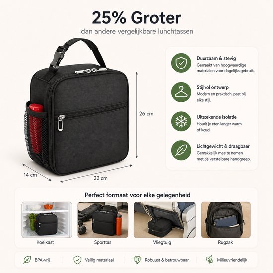 Zwarte lunchtas van 26x14x22cm, 25% groter dan andere tassen. Geschikt voor koelkast, sport, vliegtuig en rugzak.