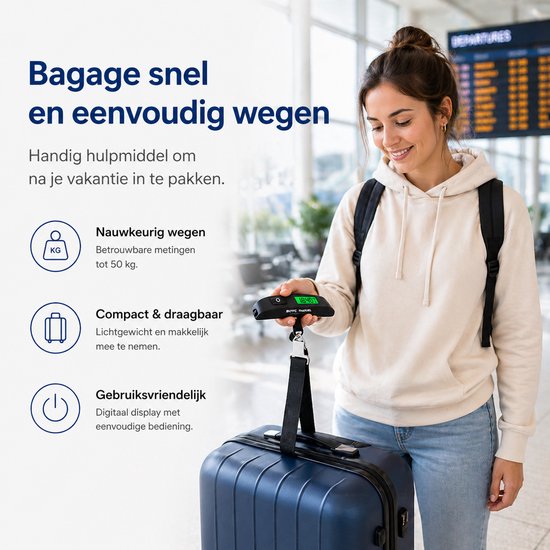 Vrolijke vrouw op vliegveld met rugzak en blauwe koffer, houdt zwarte bagageweegschaal vast. Iconen: wegen, compact, gebruiksvriendelijk.